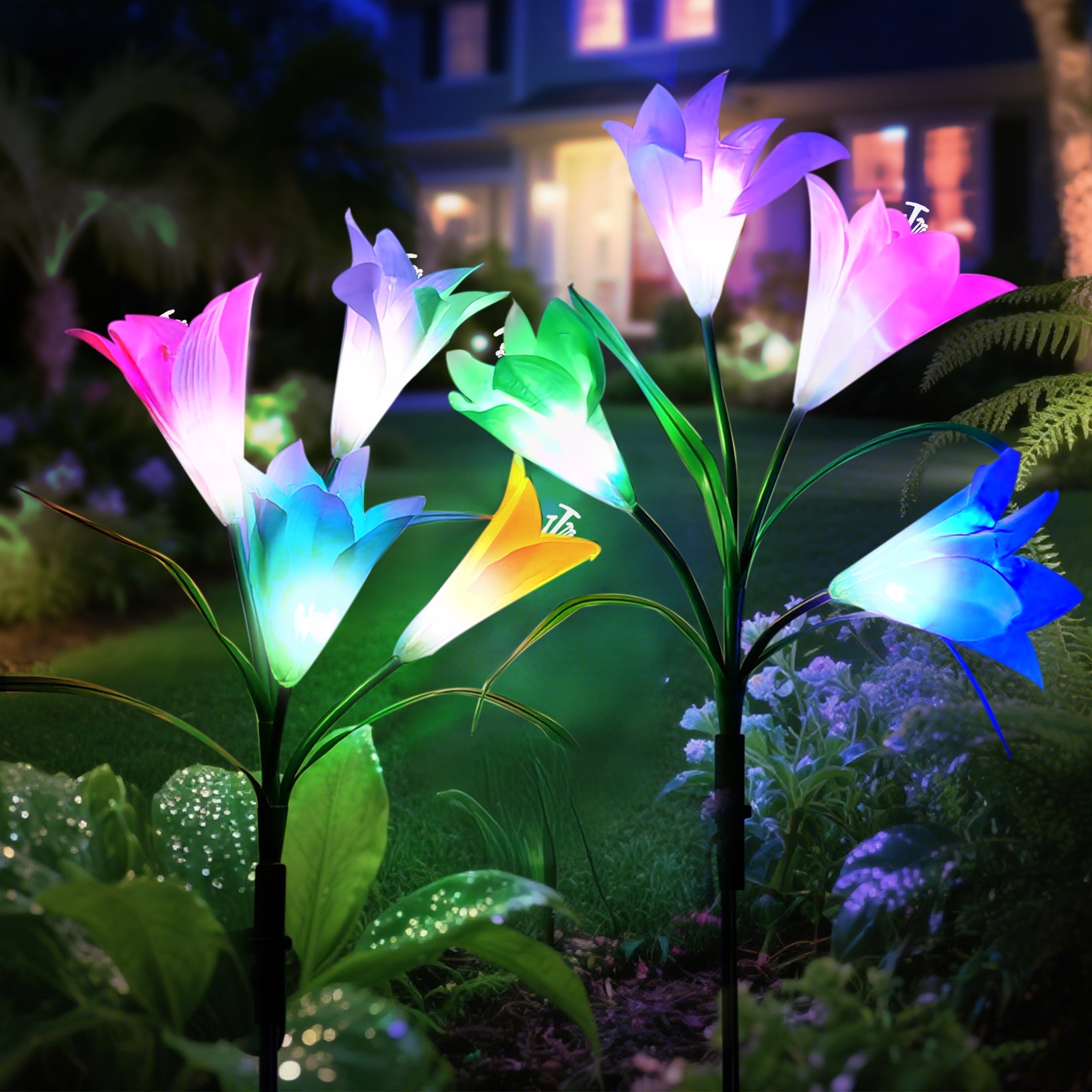Outdoor Solar Garden Stake Lights, Solar Powered Lights with 8 Lily Flower(White), Multi-color Changing LED Solar Stake Lights for Garden, Patio, Backyard